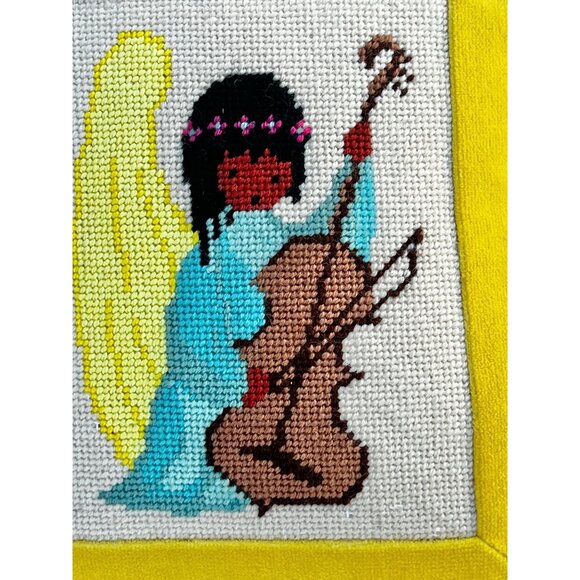 Ted De Grazia Yellow Velvet Pillow With Angel Needlepoint Design - Picture 2 of 8